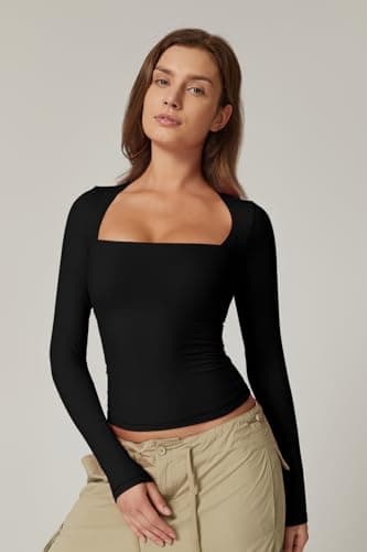 QINSEN Women's Square Neck T Shirt Slim Fit Long Sleeve Going Out Tops Stretchy Basic Tees Black S - Image 5