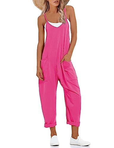 Lentta Women's Causal Jumpsuits V Neck Sleeveless Harem Overalls Stretchy Adjustable Strap Romper with Pockets(RoseRed-XXL) - Image 1