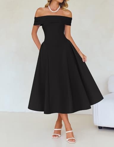 ZESICA Cocktail Dresses for Women's Elegant Off Shoulder Short Sleeve Swing A Line Wedding Evening Party Midi Dress,Black,X-Large - Image 3