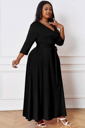 Runwind Plus Size Dress for Women - 3/4 Sleeve V Neck Maxi Dresses for Women Black 2XL - Image 5