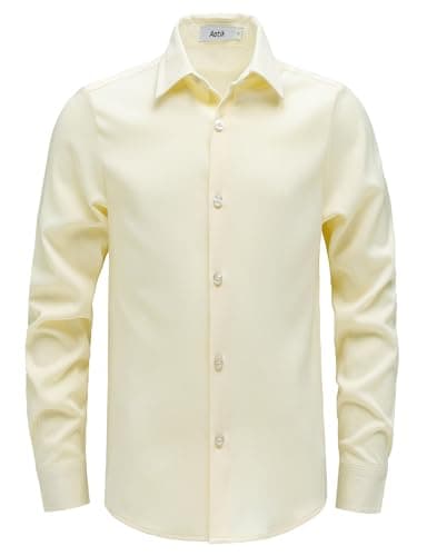 AOTIK Boys Stretch Wrinkle Free Dress Shirts Button Down Shirt Long Sleeve Formal School Uniform Shirts 12 Beige - Image 1