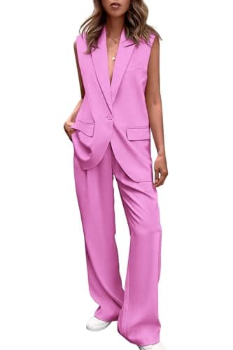 PRETTYGARDEN Women's 2 Piece Pant Suit Dressy Button Up Vest Blazer and Long Pants Set Business Casual Outfits (Pink,Small) - Image 1