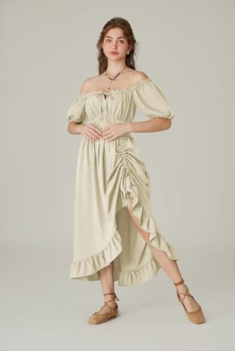 Cottagecore Off The Shoulder Medieval Renaissance Fairy Dress - Beige S - Image 5