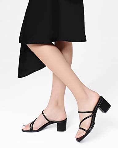 Shoe'N Tale Strappy Heels For Women Low Chunky Block Heel Heeled Sandals Square Open Toe Slip On Slides Mules(8.5,Black) - Image 3