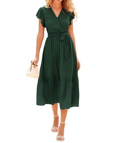 BTFBM Women Summer Bohemian Floral Casual Wrap V Neck Ruffle Cap Sleeveless Belt A-Line Pleated Hem Midi Sun Dress(Solid Dark Green,Medium) - Image 1