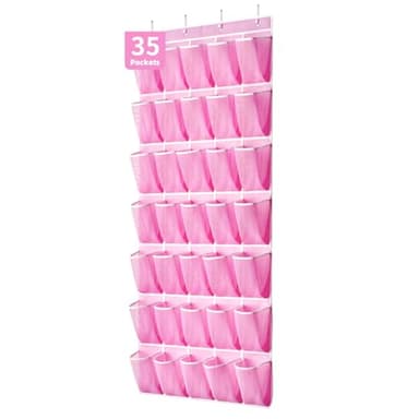 SAVERHO 35 Pockets Over the Door Shoe Organizer, Hanging Shoe Organizer for Door with 35 Mesh Pockets Large Capacity Shoe Hanging Storage Bag with 4 Metal Hooks (Pink-1Pack) - Image 1
