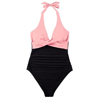 SUUKSESS Women Sexy Tummy Control One Piece Swimsuits Halter Push Up Monokini Bathing Suits (Pink Black, L) - Image 4