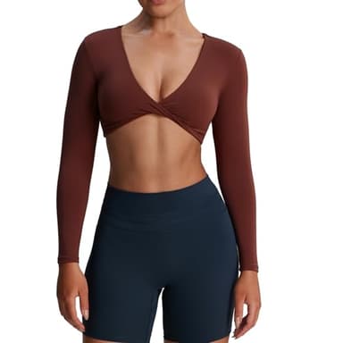 Aoxjox Long Sleeve Crop Tops for Women Sienna Twist Deep V Workout Cropped T Shirt Top (Rum Raisin, Small) - Image 1