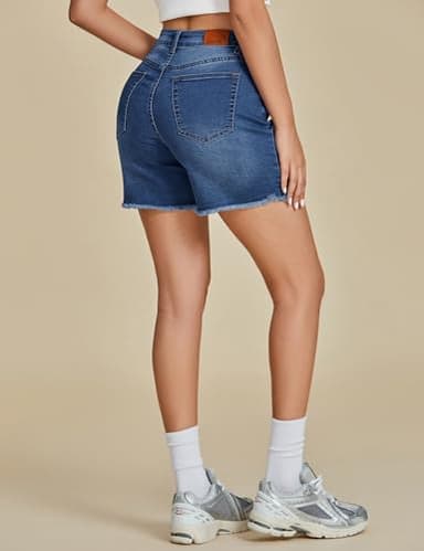 luvamia FleXclusive Jean Shorts for Women Trendy High Waisted Stretchy Denim Summer Casual Raw Hem Mom Long Cutoff Jorts Womens Shorts Classic Blue Size Medium Fits US 8-10 - Image 7