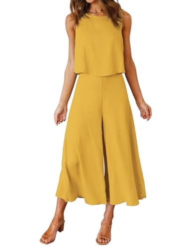 ROYLAMP Women's Summer 2 Piece Outfits Round Neck Crop Basic Top Cropped Wide Leg Pants Set Jumpsuits Ginger Yellow XS - Image 1