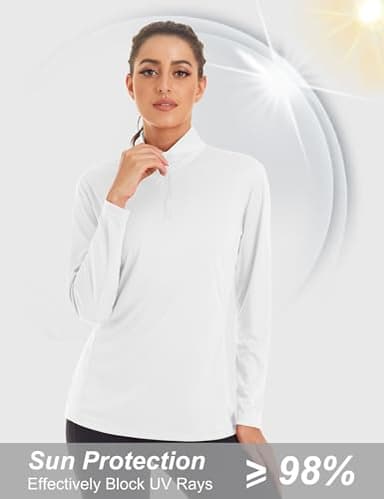 MAGCOMSEN Women's Long Sleeve Rash Guard - Half Zip, Quick Dry, Sun Protection, Athletic Fit, Hiking & Running Shirt, White - Image 2