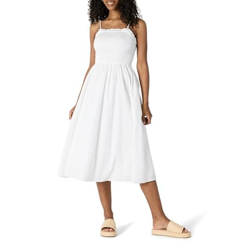 Amazon Essentials Women's Regular-Fit Cotton Sateen Smocked Bodice Midi Dress, White, X-Small - Image 1