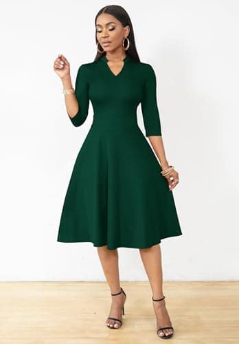 Nmoder Casual Dresses for Women Semi Formal Fit and Flare 3/4 Sleeve A-line Church Work Dress with Pockets Pine Green L - Image 3