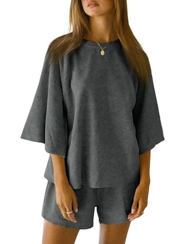 Tankaneo Womens Pajama Sets 3/4 Sleeve Oversized Tops and Elastic Waist Shorts Lounge Sets Loungewear Dark Grey - Image 1
