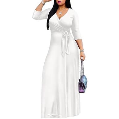 FANDEE Women's 2025 Maxi Dress - Solid Color Bohemian Summer Long Maxi Dress V-Neck 3/4 Sleeve White 2XL - Image 2