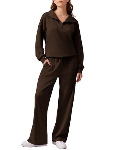PINSPARK 2 Piece Sweatsuits for Women Half Zip Sweatshirts Wide Leg Sweatpants Tracksuit Sets 2025 Airport Outfits, Coffee Petite L - Image 1