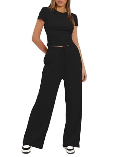 Darong Women's Two Piece Outfits Lounge Sets Ruched Short Sleeve Pullover Tops and High Waisted Pants Tracksuit Sets 9042B Black M - Image 3