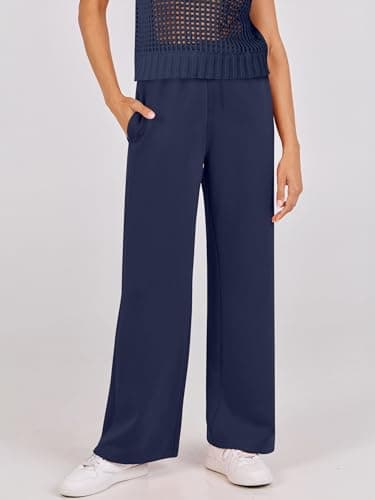 ANRABESS Women Two Piece Outfits Crochet Sheer Knit Sweater Top Wide Leg Pants Lounge Matching Sets Sweatsuit Travel Clothes Navy Blue Medium - Image 8