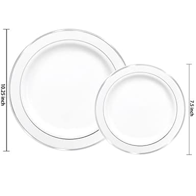 I00000 102pcs Silver Plastic Plates, Disposable Plastic Party Plates with White Silver Rim Fancy Wedding Party Plates Include 51 Dinner Plates 10.25" and 51 Dessert Appetizer Plates 7.5" - Image 6