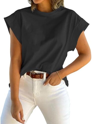 Tankaneo Womens Summer Cap Sleeve Tank Top Crew Neck Solid Casual Loose Fit Basic Tee Shirt Black - Image 1