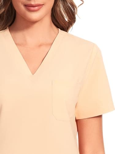 COZYFIT Women's Scrubs Set - Stretch V-Neck Top & Jogger Pant with 8 Pockets, Yoga Waistband, Anti Wrinkle, Slim Fit - Peach Fuzz, M - Image 4