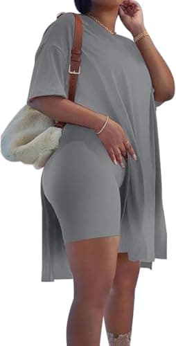 AXOSY Women Plus Size 2 Piece Outfits Short Sleeve Tunic Tops and Skinny Biker Shorts Sets Tracksuits Grey,X-Large - Image 2