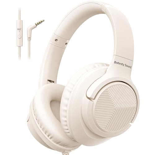 Botesty Sound Headphones Wired with Microphone, Over Ear Foldable 3.5mm Plug in Headphones Corded with 4.9ft Tangle-Free Nylon Cord for Tablet, Laptop, MP3/4, School, Airplane Travel (Beige) - Image 1