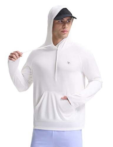 baleaf Swim Shirts Men Rash Guard Long Sleeve Sun Protection Hoodie UV Lightweight Athletic Running with Kangaroo Pocket Star White 3XL - Image 1