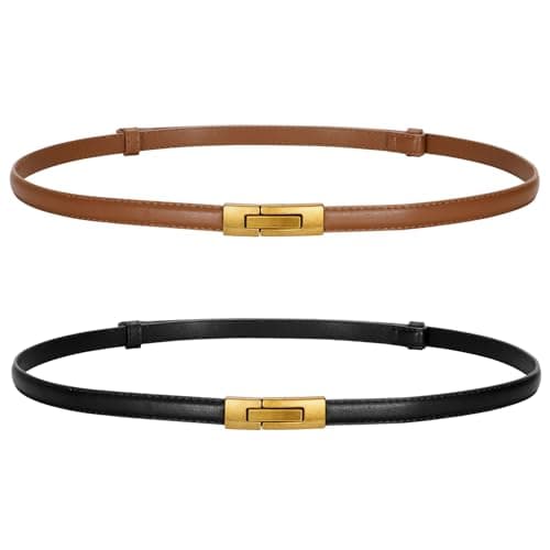 LEACOOLKEY 2 Pack Women Skinny Leather Belts Ladies Vintage Gold Buckle Thin Waist Belts for Dresses Black+Brown - Image 1