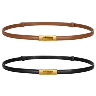 LEACOOLKEY 2 Pack Women Skinny Leather Belts Ladies Vintage Gold Buckle Thin Waist Belts for Dresses Black+Brown - Image 1
