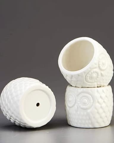 FLOWERPLUS Planter Pots Indoor, 3 Pack 3 Inch White Ceramic Decorative Small Owl Succulent Cactus Flower Plant Pot with Tree Tier Bamboo Stand for Garden Kitchen Home Office Desk Decorations - Image 3