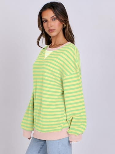 ANRABESS Women Striped Sweatshirts Oversized Crewneck Long Sleeve Shirts Y2K Pullover Top 2025 Fall Outfits Fashion Clothes Light Yellow Green Large - Image 8