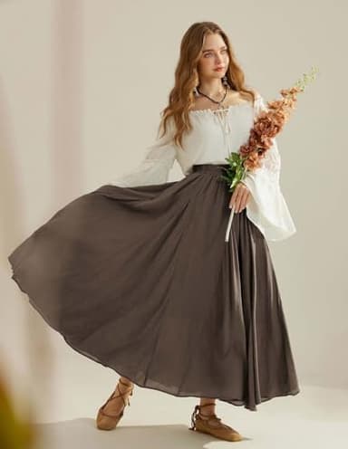 Scarlet Darkness Women Renaissance Long Maxi Skirt High Waist Flowy A Line Skirts Brown S - Image 9