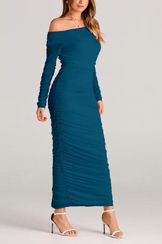 PRETTYGARDEN Women's Fall Off Shoulder Maxi Bodycon Dress Long Sleeve Ruched Fitted Club Dresses with Slit (Lake Blue,Large) - Image 8