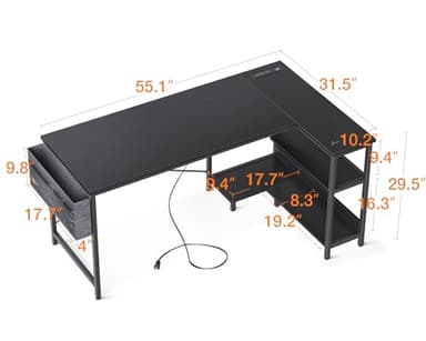 ODK 55 Inch Small L Shaped Computer Desk with Power Outlets, Corner Desk with PC Stand & Reversible Storage Shelves for Small Space Home Office Workstation, Modern Simple Writing Study Table, Black - Image 3