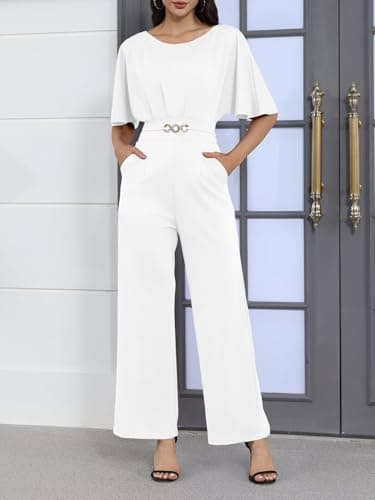 acelyn Elegant Jumpsuit for Women Dressy Sexy Plus Size Wide Leg Pant Suit One Piece Party Outfits White L - Image 3