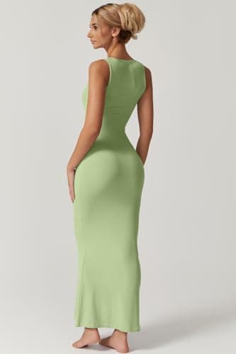 QINSEN Women's Square Neck with Lace Detail Long Maxi Dress Sleeveless Lounge Ribbed Full Length Dresses Green S - Image 4