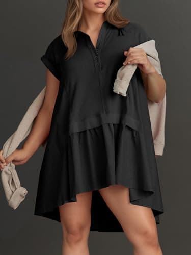 Fisoew Womens Summer Sweatshirts Dresses Short Sleeve V Neck Casual Oversized Patchwork Mini Dresses Black - Image 5