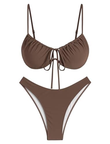 ZAFUL Women Plus Size Bikini Sets Cute High Cut Thong String Push Up Swimsuit Two Piece Underwire Bathing Suit Teen Girl Brazilian Cheeky Cut Out Lace Up Retro Sexy Swimwear Coffee XL - Image 5