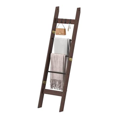 Hzuaneri Blanket Ladder for Living Room, Decorative Quilt Rack with 4 Removable Hooks, 5-Tier Farmhouse Ladder Holder Shelf Organizer for Bedroom, Black Tea Brown and Black BR02120B - Image 1