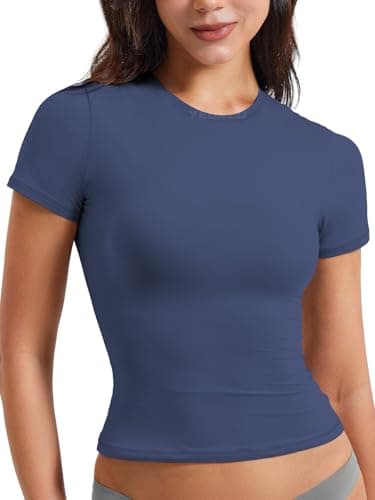 YEOREO Women Fitted Workout Tops Short Sleeve Double Lined Basic Y2K Going Out Crew Neck Compression Crop Top Dark Blue M - Image 6