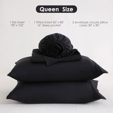 JSD Black Queen Sheet Set with Side Pocket Corner Straps, 4 Piece Soft Microfiber Bed Sheets Extra Deep Pocket - Image 2