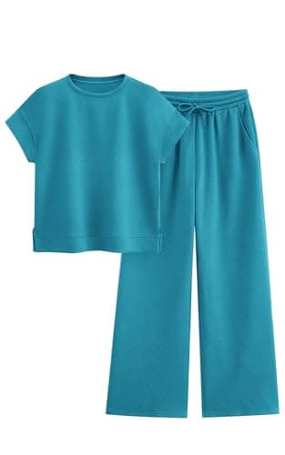 PRETTYGARDEN 2 Piece Outfits For Women Casual Tracksuit Short Sleeve Tops And Wide Leg Long Pants Matching Lounge Sets(Peacock Blue,Large) - Image 1
