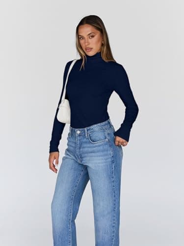 Trendy Queen Women's Turtleneck Long Sleeve Shirts Fall Fashion BasicThermal Underwear Tops Winter Clothes 2025 Navy S - Image 3