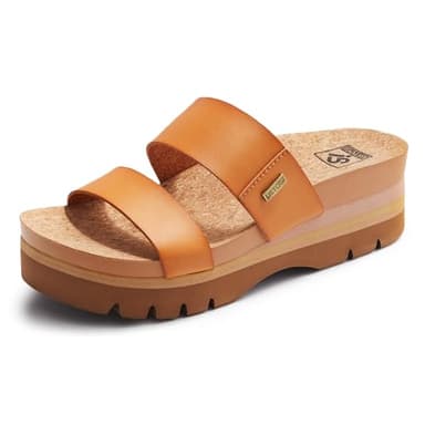 Ustogi Women's Higher Platform Sandals Arch Support Beach Slides for Woman Orthotic Summer Causal Cork Footbed Slip on Cushion Cute 2 Strap Flatform 2.2IN sandalias de mujer(7.5, Brown) - Image 1