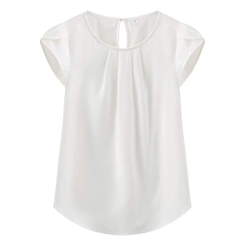 TASAMO Women's Casual Round Neck Basic Pleated Top Cap Sleeve Curved Keyhole Back Chiffon Blouse (Large, White) - Image 1