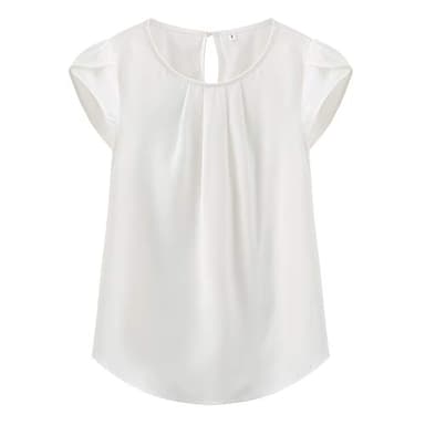 TASAMO Women's Casual Round Neck Basic Pleated Top Cap Sleeve Curved Keyhole Back Chiffon Blouse (Large, White) - Image 1