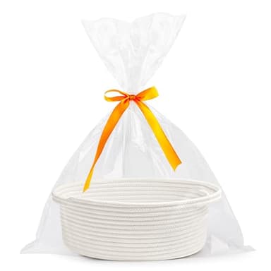 Pro Goleem Small Woven Basket with Gift Bags and Ribbons Durable Baskets for Halloween Gifts Empty Small Rope Basket for Storage 12"X 8" X 5" Baby Toy Baskets with Handles, White - Image 1