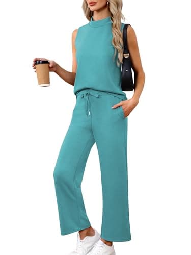 Casly Lamiit Two Piece Outfits for Women Matching Sets Summer Sleeveless Mock Neck Tops Business Casual Sweatsuit Work Clothing Tracksuit Viriaian Green S - Image 1