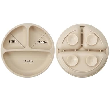 PandaEar Silicone Baby Feeding Set| 2 Pack Silicone Divided Suction Plate and 2 Pack Tiny Cup with 2 Spoons 2 Forks| Baby Led Weaning Supplies Self Feeding Eating Utensils (Light Tan/Walnut) - Image 3